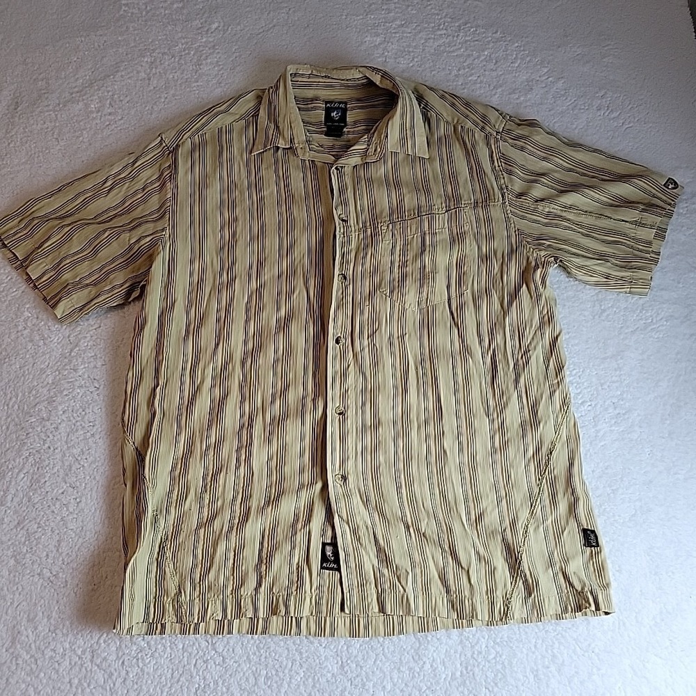 Kuhl Shirt Mens XL Beige Short Sleeve Striped Button Up Modal Blend Short Sleeve